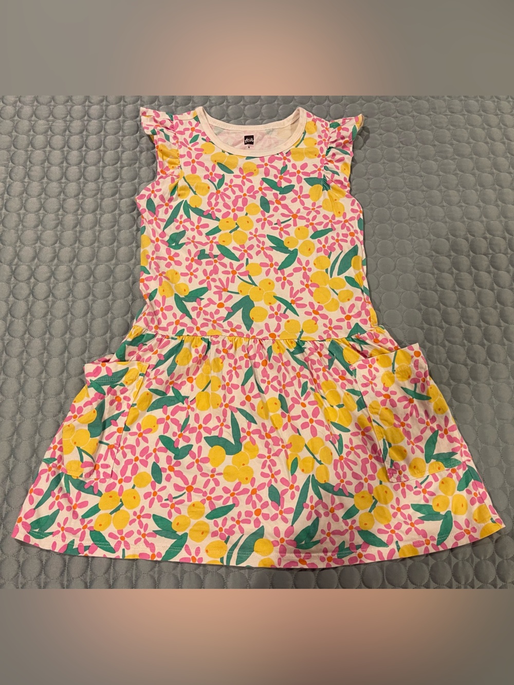 Tea Collection Vanilla Floral Lemon Pink Casual Dress Pockets 100% Cotton Sz 6